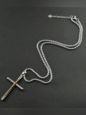 Two-Tone Cross Pendant Necklace - Silver Chain with Gold Accent